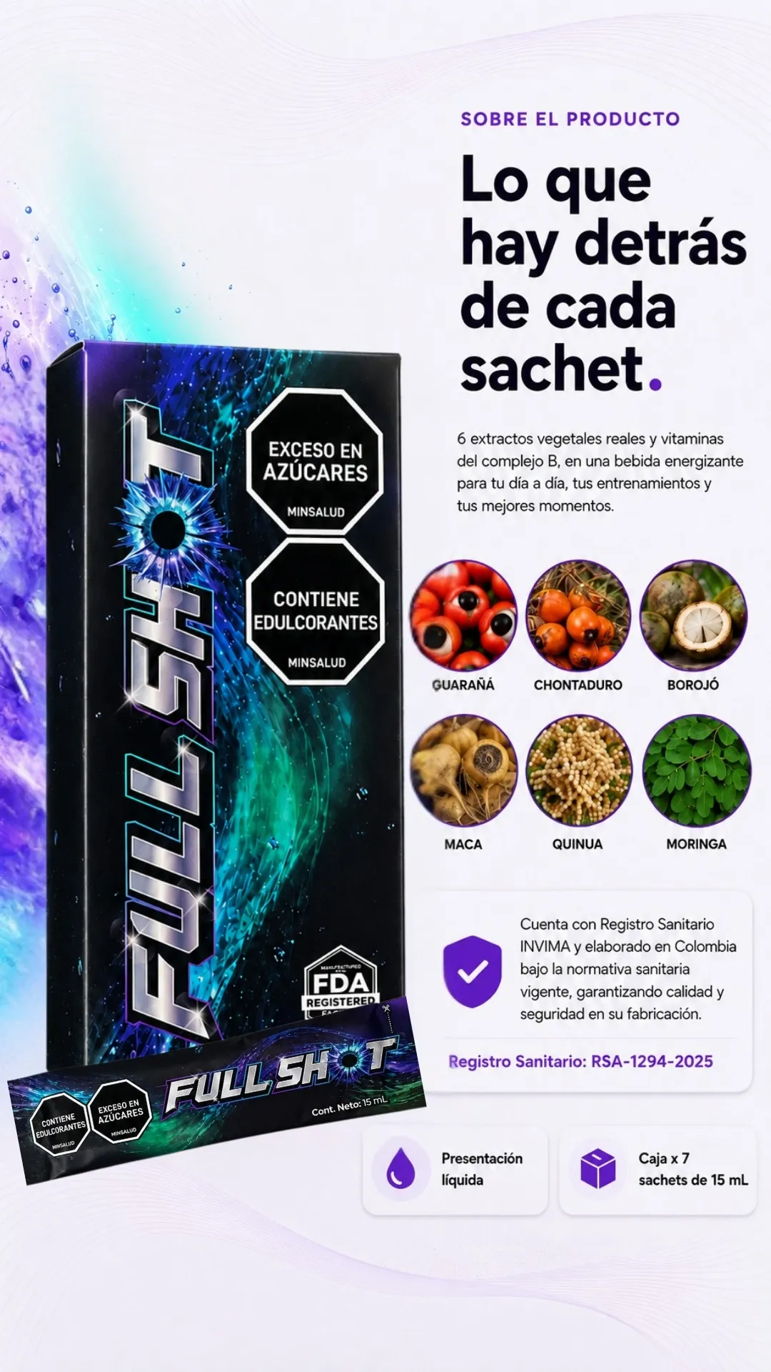Información sobre Full Shot, ingredientes y Registro Sanitario INVIMA