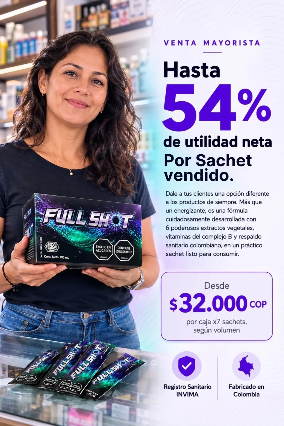Full Shot venta mayorista, utilidad por sachet y precio por caja